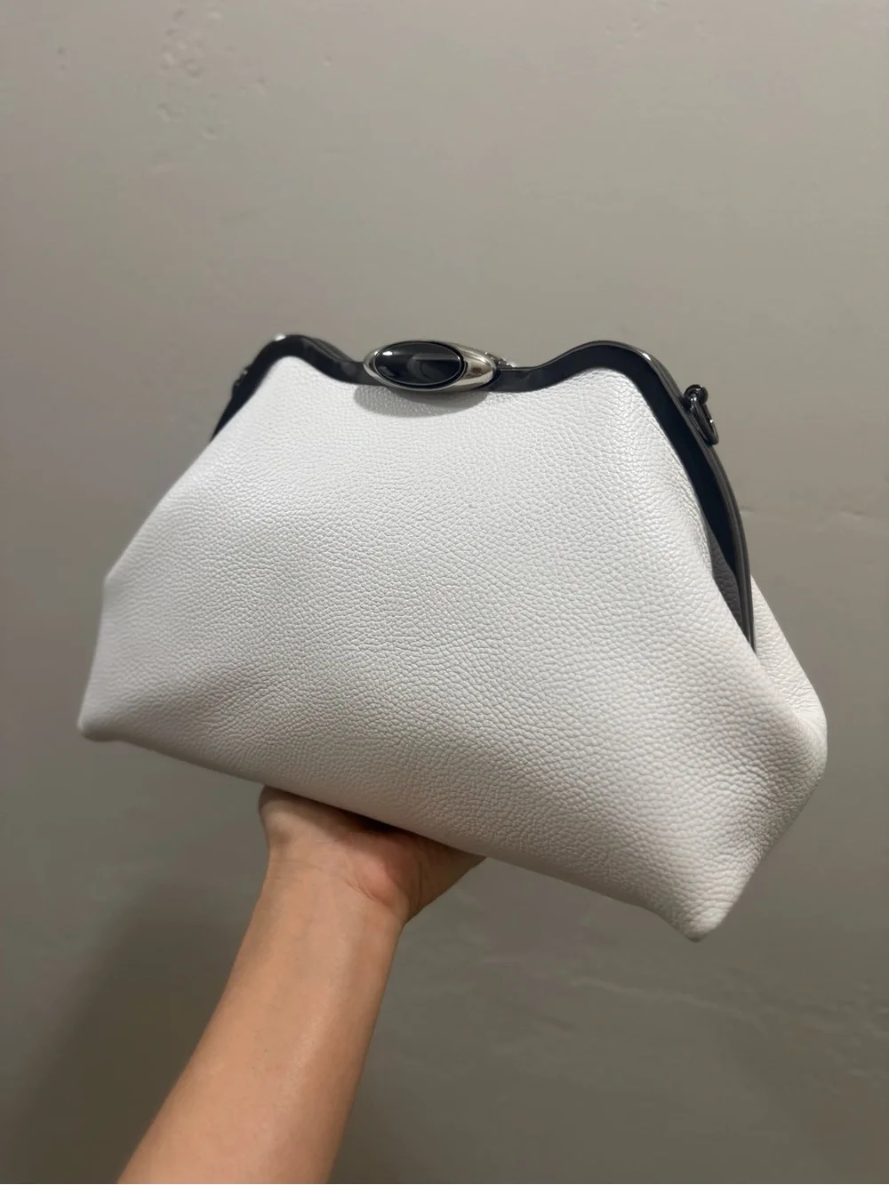 White Pebble Cowhide Handmade Custom Metal Frame Shoulder Bag, With 2 Straps